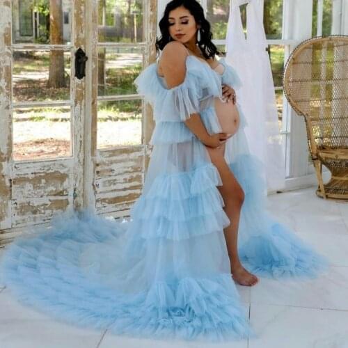 Sky Blue Sexy Maternity Dress For Photo Shoot See Through Bridal Robe Tulle Dress Pregnancy Formal Party Gowns Custom Made