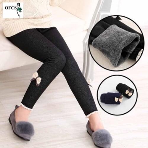 Retail Kids Girl Pants Spring Autumn Thick Warm Elastic Pencil Bow Trousers Child Solid Leggings For 3-14Years Children Clothing