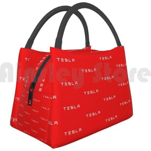 Cooler Lunch Bag Picnic Bag Simple Tesla White On Red Fan Art Logo Burningrabbit Elon Musk Cybertruck Cyber