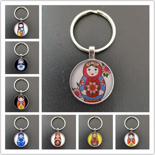 Tradition Russian Doll Keychain Matryoshka Cute Dolls Handmade DIY Art Pattern Glass Gems Keyring Chain Holder Car Charms