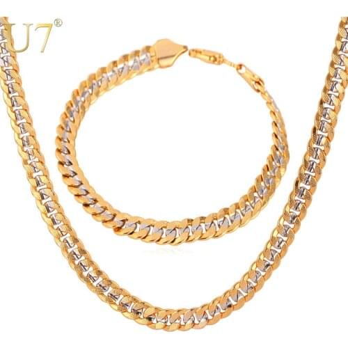 U7 Brand Necklace And Bracelet Set Two Tone Gold Color Hip Hop Cuban Link Chain Jewelry Set For Men Gift S566