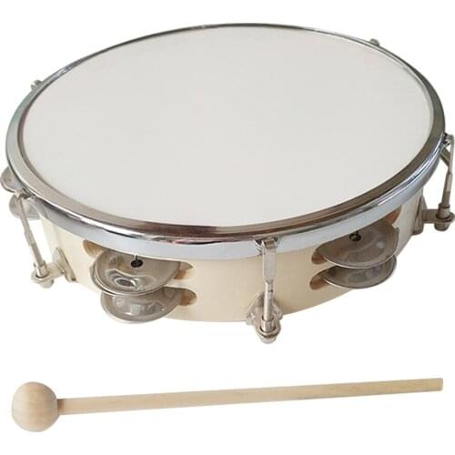 10 Inch Tambourine Handbell Hand Drum with Double Row Jingles Percussion Instrument for Children Adults