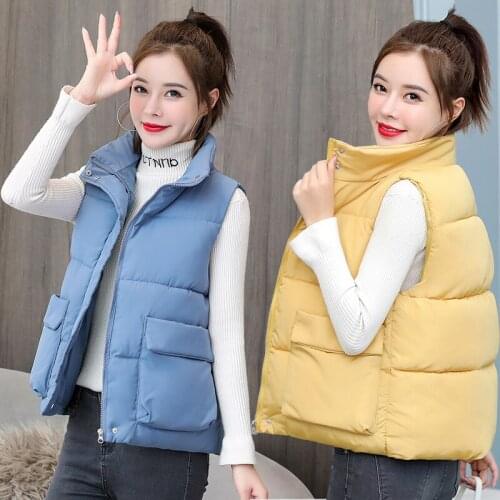 Womens new autumn and winter all-match casual solid color pocket down cotton short fashion wide multicolor loose zipper vest