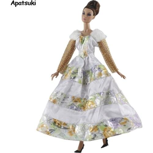 Winter White Floral Evening Party Dresses for Barbie Doll Clothes for 1/6 BJD Doll House Accessories Kids Toy Best Gift for Girl