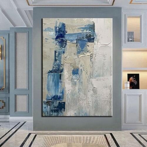 100% Hand Painted Abstract Oil Painting Blue Grey Vintage Paintings Art Artwork Canvas Wall Art For Living Room Decoration