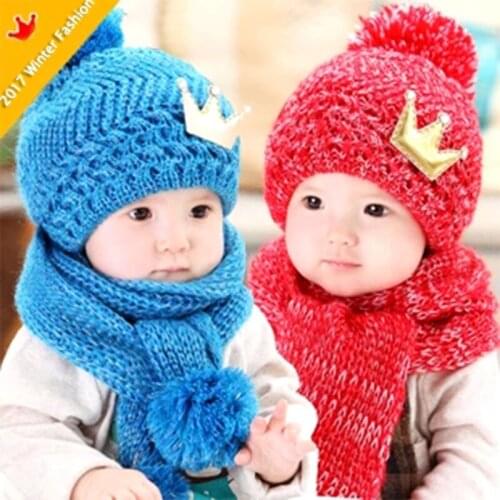 2020 Cute Crown Winter Baby Toddler Kids Boys Girls Knitted Eool Scarf Cap Set Crochet Beanie Headwear Hair Blue Pink Red Yellow