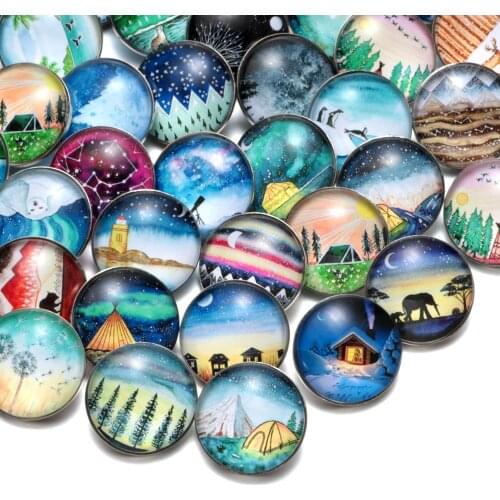 50pcs/Lot Mixed Silent Village Pattern Glass Charms 18mm Snap Button Jewelry For 18mm Snaps Bracelet Snap Jewelry KZHM032