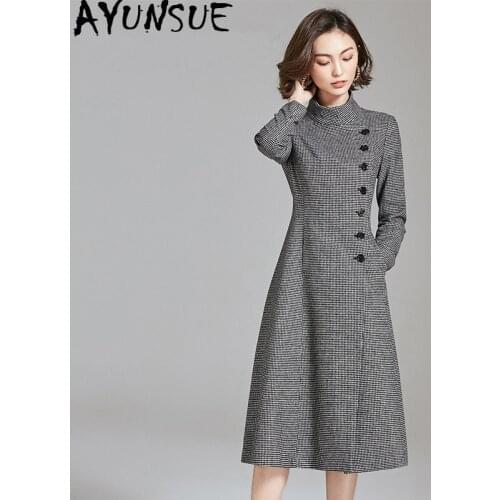 AYUNSUE Real Wool Coat Female Streetwear Long Trench Coats Autumn Winter Jacket Women Woolen Coat Korean Plaid Jackets MY4069