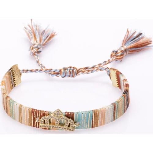 White mix cz crystal pave gold crown charm beads bohemia silk wristband tassel tail adjustable bracelet for woman gift for her