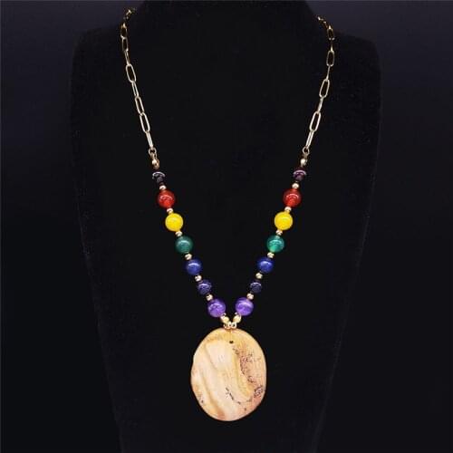 Big Long 7 Color Chakra Natural Stone Stainless Steel Statement Necklace Women Gold Color Necklace Jewelry cadenas mujer N5S04
