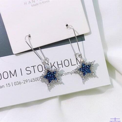 Whole Real 100% 925 Sterling Silver Drop Earrings Women Shiny Zircon Blue Enthusiasm Flaming Star Ear Hook Exquisite Jewelry