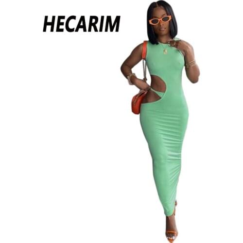 HECARIM Sleeveless Bodycon Maxi Dress For Women Side Hollow Out Midnight Club Outfits Solid Hot Summer Sexy Party Dresses Slim