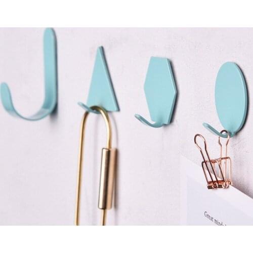 1set /4Pcs Wrought Iron Hooks Geometry Free Punching Strong Adhesive Kitchen Wall Decoration Creative Wall Hanging Seamless Hook