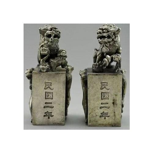 Copper Brass CHINESE crafts Asian A Pair of Elaborate Chinese Collectibles Handwork Tibetan silver Kylin Statue Seals