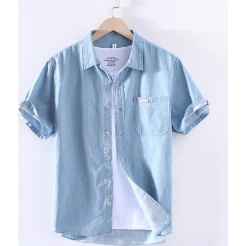 Blue Denim Shirts for Men Summer Thin Short Sleeve Jean Shirts Good Quality Male Pure Cotton Casual Cowboy Tops Clothing
