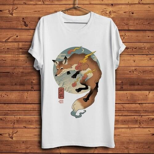 Japan traditional Ukiyoe Fox funny tshirt men new white short sleeve homme casual t shirt unisex vintage streetwear tee