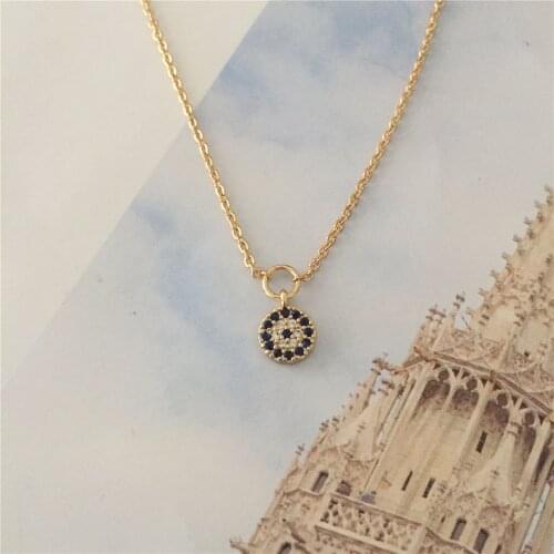 Classic Gold Color Plating Mini Round Disc with Navy Clear CZ Zirconia Pendant Necklace For Women Girl Casual Jewelry Accessory
