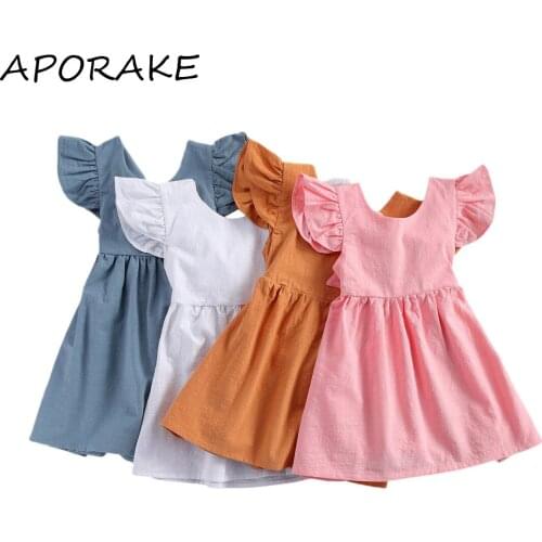 2021 2-6Y Kids Baby Girls Cute Summer Dress Solid Color Fly Sleeve Bow Hollow Back Sleeveless A-line Knee-length Dress Sundress