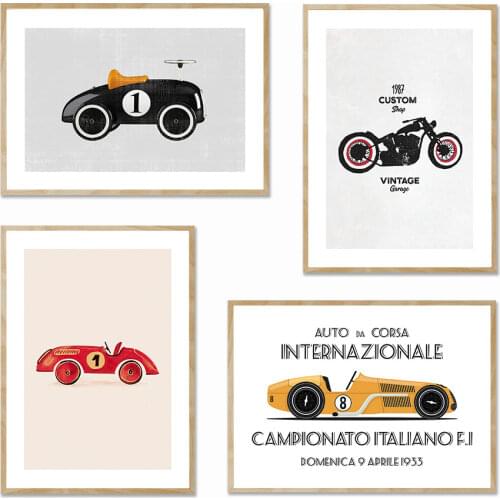 Toy Car Poster Vintage Motorcycle Canvas Painting Red Racer Car On The Wall Art Print Auto Da Corsa Picture For Kids Room Decor