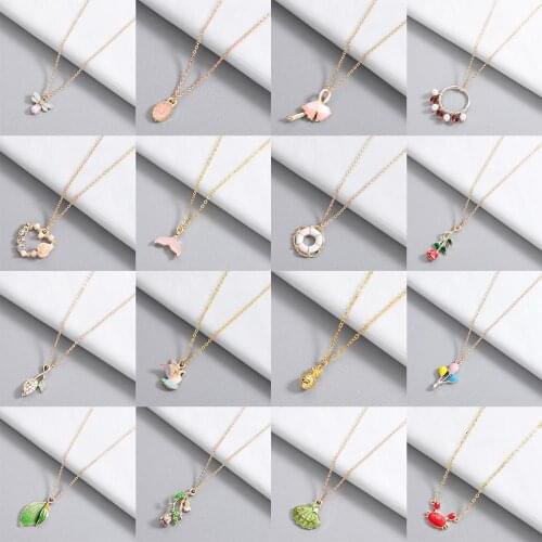 QIAMNI Enamel Colorful Goose Fishtail Bee Crab Pendant Necklace Birthday Gift Balloon Flower Shell Heart Necklace Party Jewelry