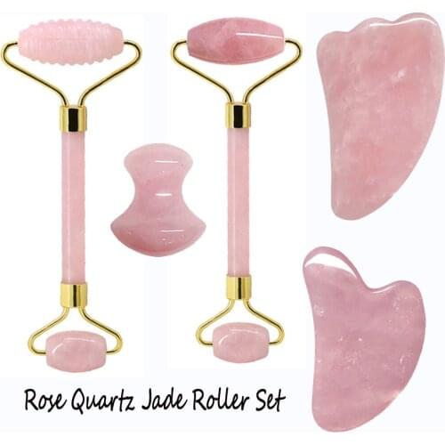 Rose Quartz Jade Roller Set Gouache Board Scraper Stone Face Lift Tools Slimming Beauty Neck Thin Facial Anti-wrinkle Massager