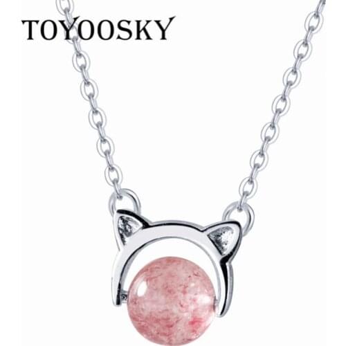 S925 Silver Kitten Strawberry Crystal Pendant Necklace Pink Crystal Animal Pendant Chain Necklace For Women Fashion Jewelry