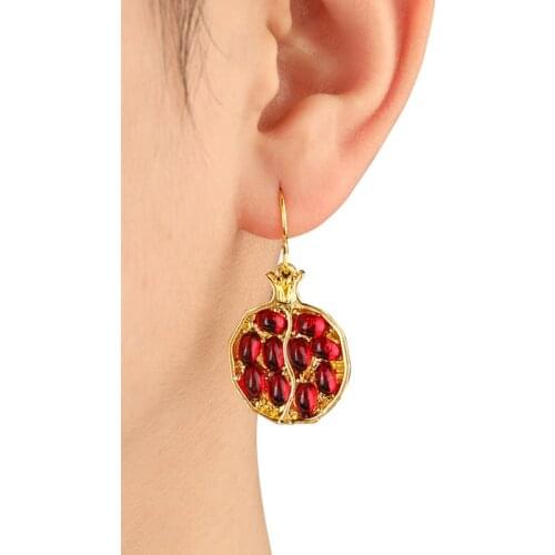 Cute Fruit Red Natural Garnet Stone Earrings for Women Vintage Long Dangle Earrings Gold Pomegranate Jewelry Round Drop Earings