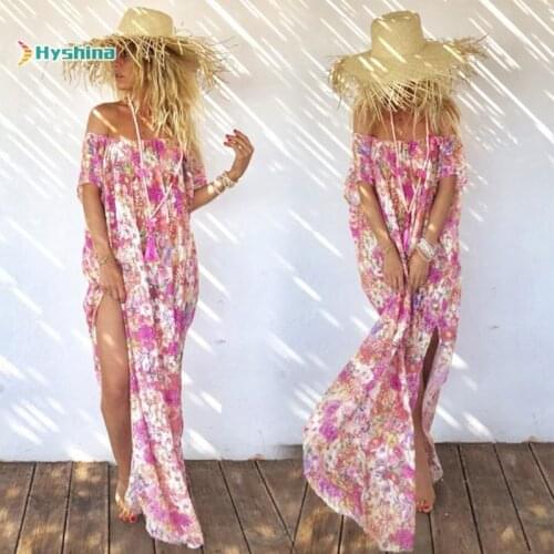 Chiffon Print Tube Top Bohemian Vacation Beach Split Dress Long