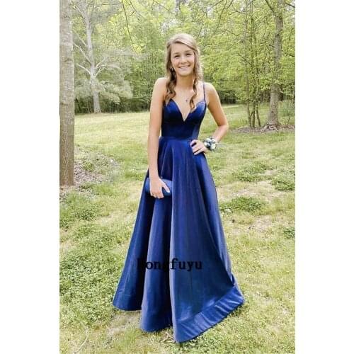 Navy Blue Satin Bustier V-Neck A-Line Prom Dress With Pockets 2021 Elegant Straps Evening Dress Plus Size Split Party Dress