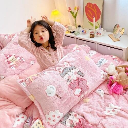 Winter Warm Flannel 3/4pcs Bedding Set Milk Velvet Quilt Duvet Cover Cartoon Thickened Snow Fleece Bed sheet Pillowcase Sets