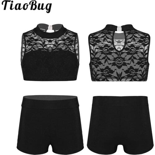 TiaoBug Kids Teens Sleeveless Floral Lace Crop Top with Bottoms Girls Ballet Sports Gymnastics Shorts Tops Set Stage Dance Wear