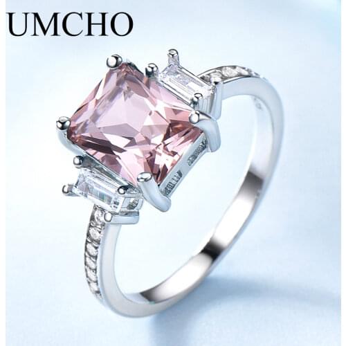 UMCHO Solid Sterling Silver Cushion Morganite Gemstone Rings For Women Engagement Anniversary Band Valentines Gift Ring Set