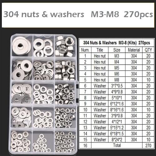WHUZF New Arrival M3 M4 M5 M6 M8 304 Stainless Steel Nuts and Flat Washers Assortment Kit 270pcs with High Quality