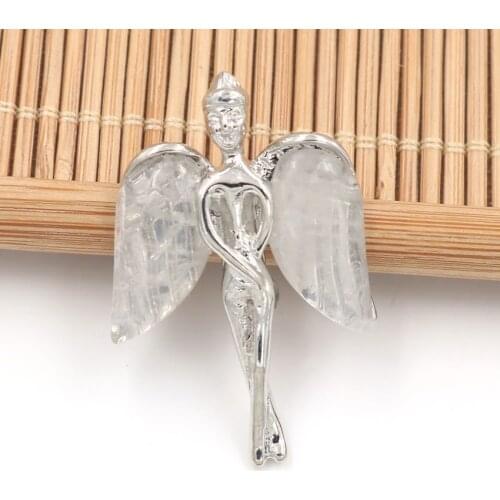 YJXP Classic Silver Plated Lovely Angel Natural Rock Crystal Clear Quartzs Wings Pendant For Anniversary Charms Jewelry