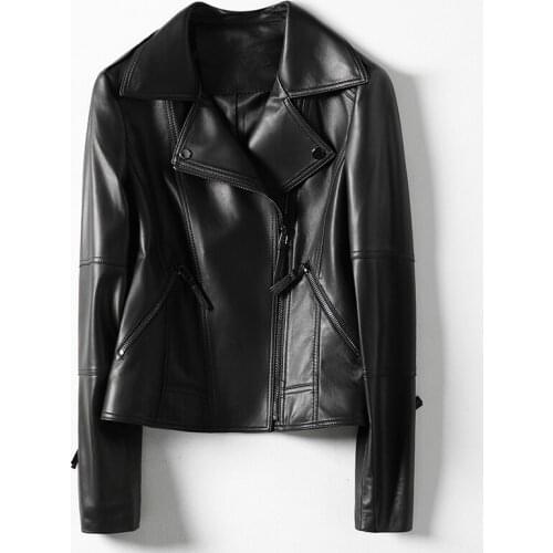 Women Black Leather Jacket Spring Autumn Long Sleeve Slim Motorcycle Short Sheepskin Coat Ladies Fashion Plus Size Clothing H827