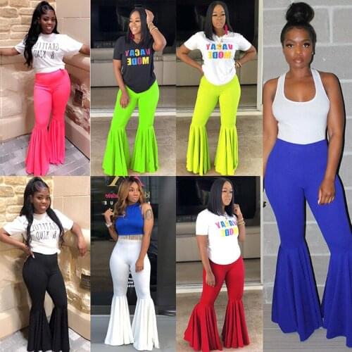 Women Flare Pants Wide Leg High Waist Bell Bottom Elegant Ruffle Skinny Trousers Boot Cut Streetwear Palazzo Plus Size Large 2xl