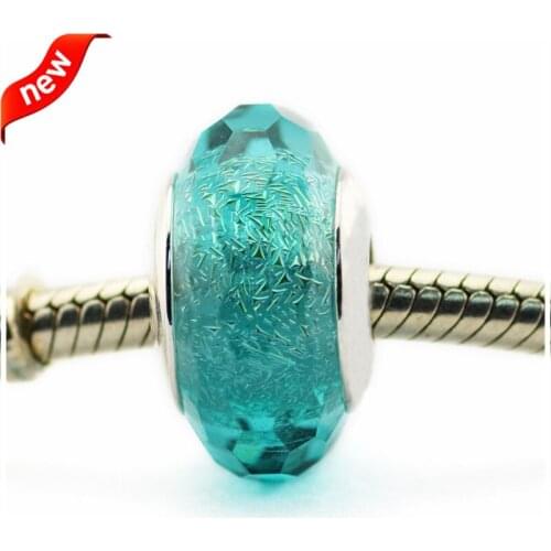 Fits Pandora Charms Bracelet Teal Shimmer Murano Glass Beads Original 925 Sterling Silver Jewelry Free Shipping P5026D