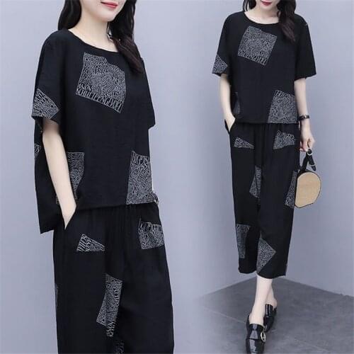 2 Piece Sets Womens Outfits 2020 Summer Short Sleeve Loose Crop Tops and Causal Pants Two Piece Sets Plus Size 5XL