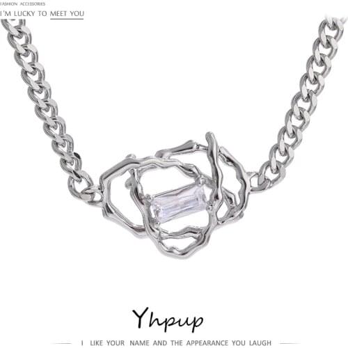 Yhpup Exquisite Cubic Zirconia Pendant Chain Necklace Statement Metal Copper Geometric Collar Necklace Jewelry Office Gift
