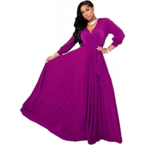 Womens Long Sleeve Dress African Style Casual V-neck Solid Color Dress Bohemian Loose Sexy Party Dress Summer 2021 New