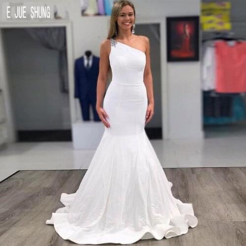 E JUE SHUNG New White Fashion Mermaid Wedding Dresses One Shoulder Zipper Back Crystal Womens Bridal Gowns vestido de noiva
