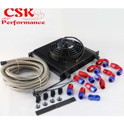 40 Row AN10 Engine Oil Cooler + 5M Oil Line Fittings + 7" Electric Fan Kit Black / Silver