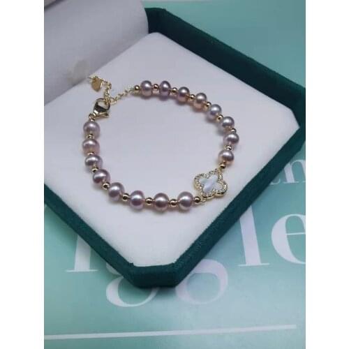 Natural 6-7mm white pink purple freshwater pearl mother shell accessories golden clasp extended chain bracelet long 16+4cm