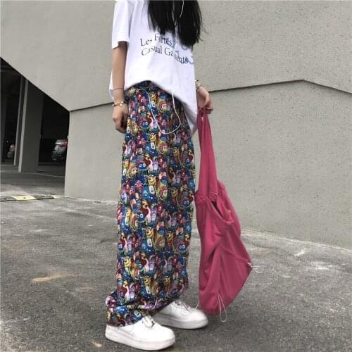 2021 Spring New Korean Retro Casual Pants Cartoon Printed Mens and Womens Wide Leg Pants Loose Straight Pants