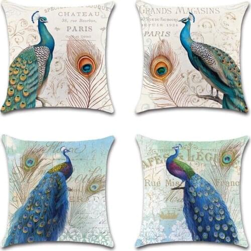 Peacock Retro Print White Fabric Cushion Cover Decorative Home Throw Sofa Chair Car Seat Friend Bedroom Kids Gift Pillowcase