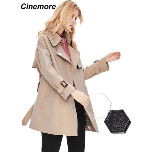 Cinemore 2021 Women Trench Coat Spring Autumn Double Breasted Lapel Collar Belt Fashion Elegant Coat Tops Long Windbreaker 9025