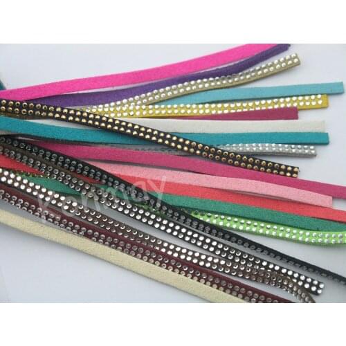 19 Colors Available--10Pcs/Lot 5.0x1.5mm Soft Velvet Leather Cord Suede Lace With Rhinestone Beads