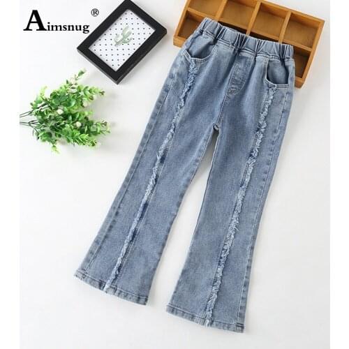 Aimsnug 2021 Autumn Kids Jeans Boot Cut Demin Pants Streetwear Autumn Fashion Ripped Demin Trousers Children Girl Jeans Pantalon