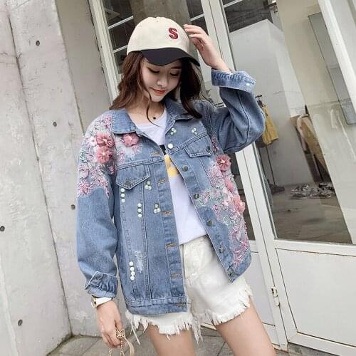 2020 Jacket Denim Fashion Loose Real Shot Free Shipping Spring/ Autumn Embroidery Flower