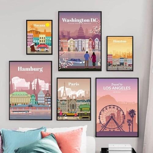 Cartoon City Landscape Canvas Painting Sydney Paris Washington Havana Art Posters Nordic Modern Pictures Living Room for Decor